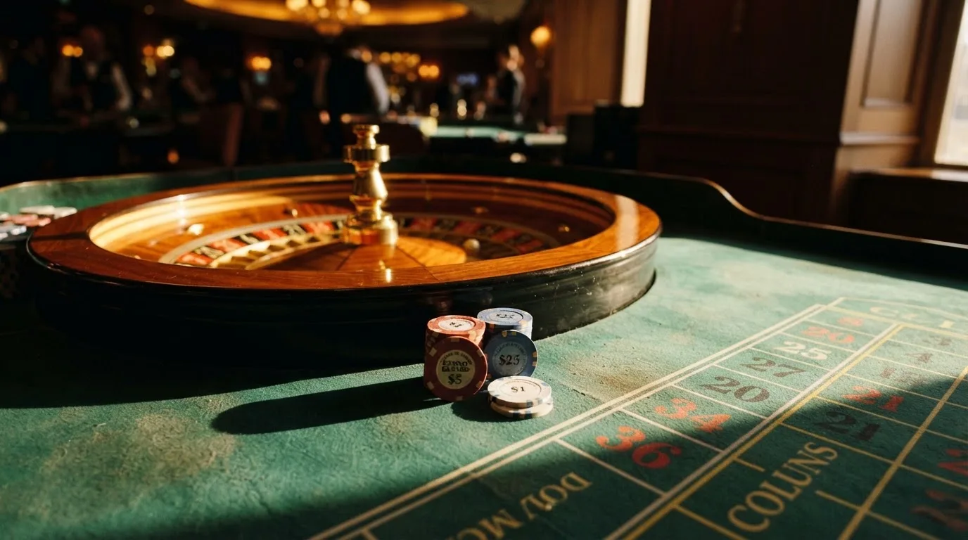 Roda de roleta e fichas sobre feltro verde, sob uma luz quente de fim de tarde — 1 euro casino em portugal