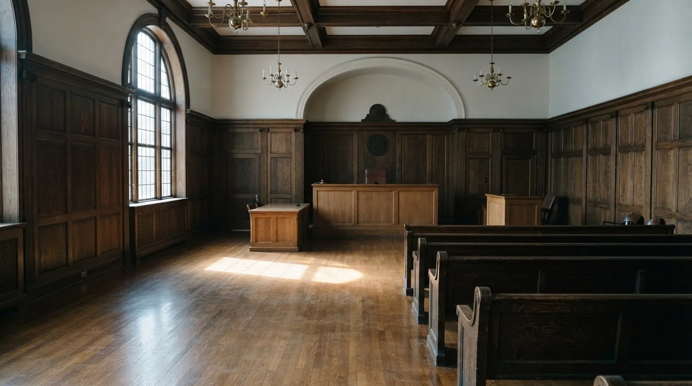 Sala de tribunal vazia com painéis de madeira, à luz da manhã — 10 euro casino em portugal