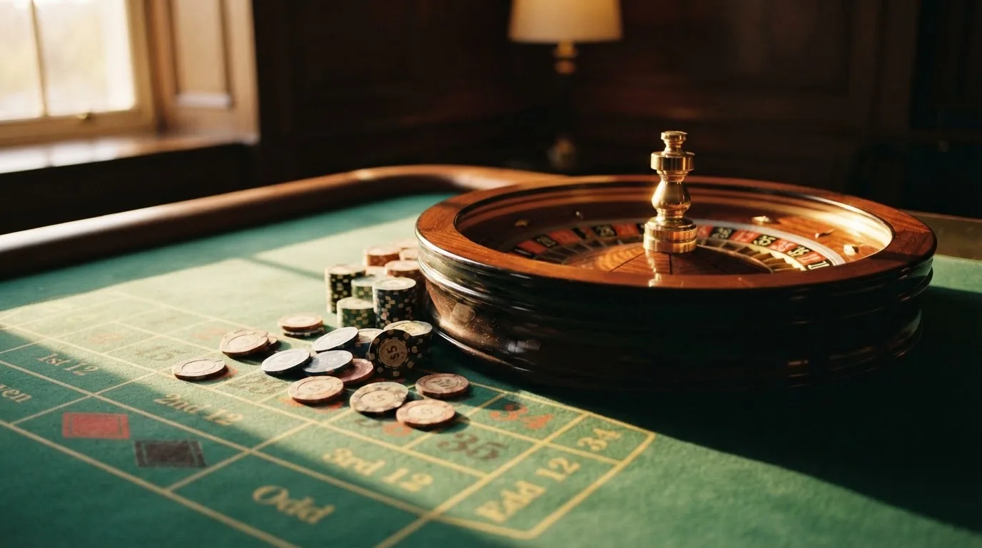 Roda de roleta e fichas sobre feltro verde, sob uma luz quente de fim de tarde — 10 euro casino em portugal
