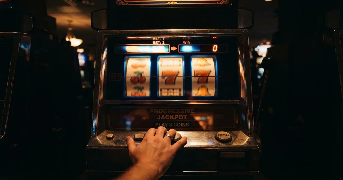 Rolos luminosos de uma slot machine numa sala escura, em grande plano — 10 euro casino em portugal
