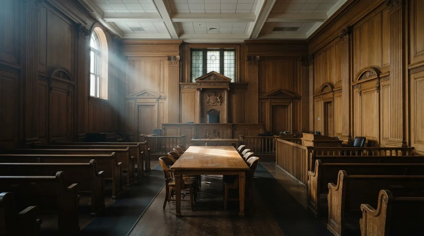 Sala de tribunal vazia com painéis de madeira, à luz da manhã — 20 euro casino em portugal