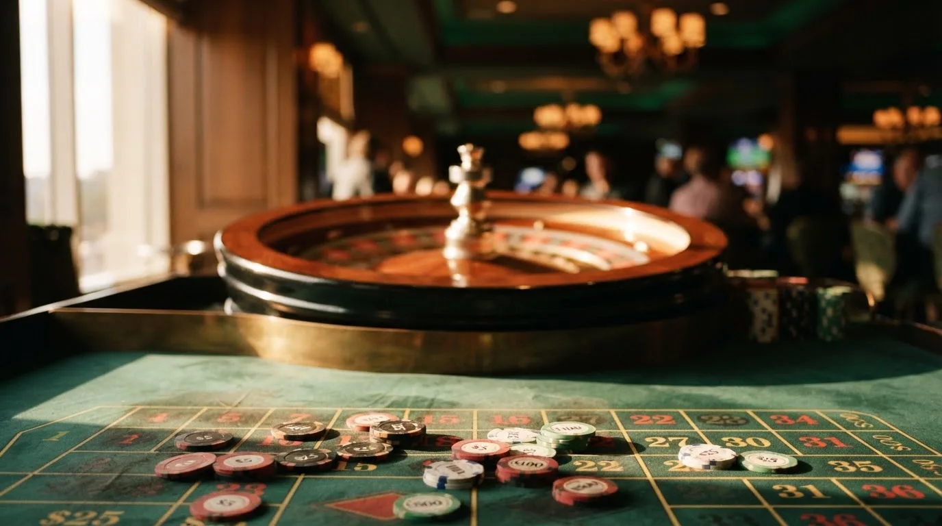 Roda de roleta e fichas sobre feltro verde, sob uma luz quente de fim de tarde — 20 euro casino em portugal