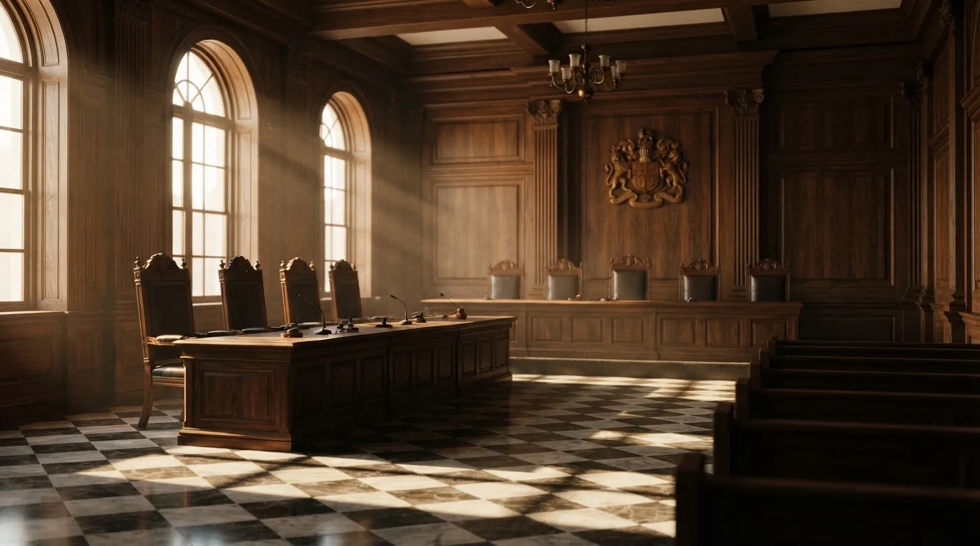 Sala de tribunal vazia com painéis de madeira, à luz da manhã — 5 euro casino em portugal
