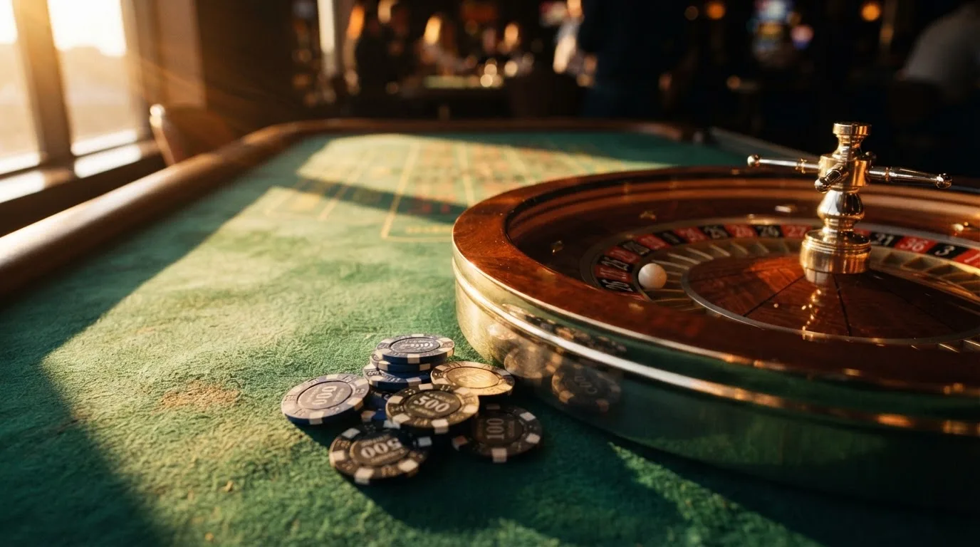 Roda de roleta e fichas sobre feltro verde, sob uma luz quente de fim de tarde — 5 euro casino em portugal