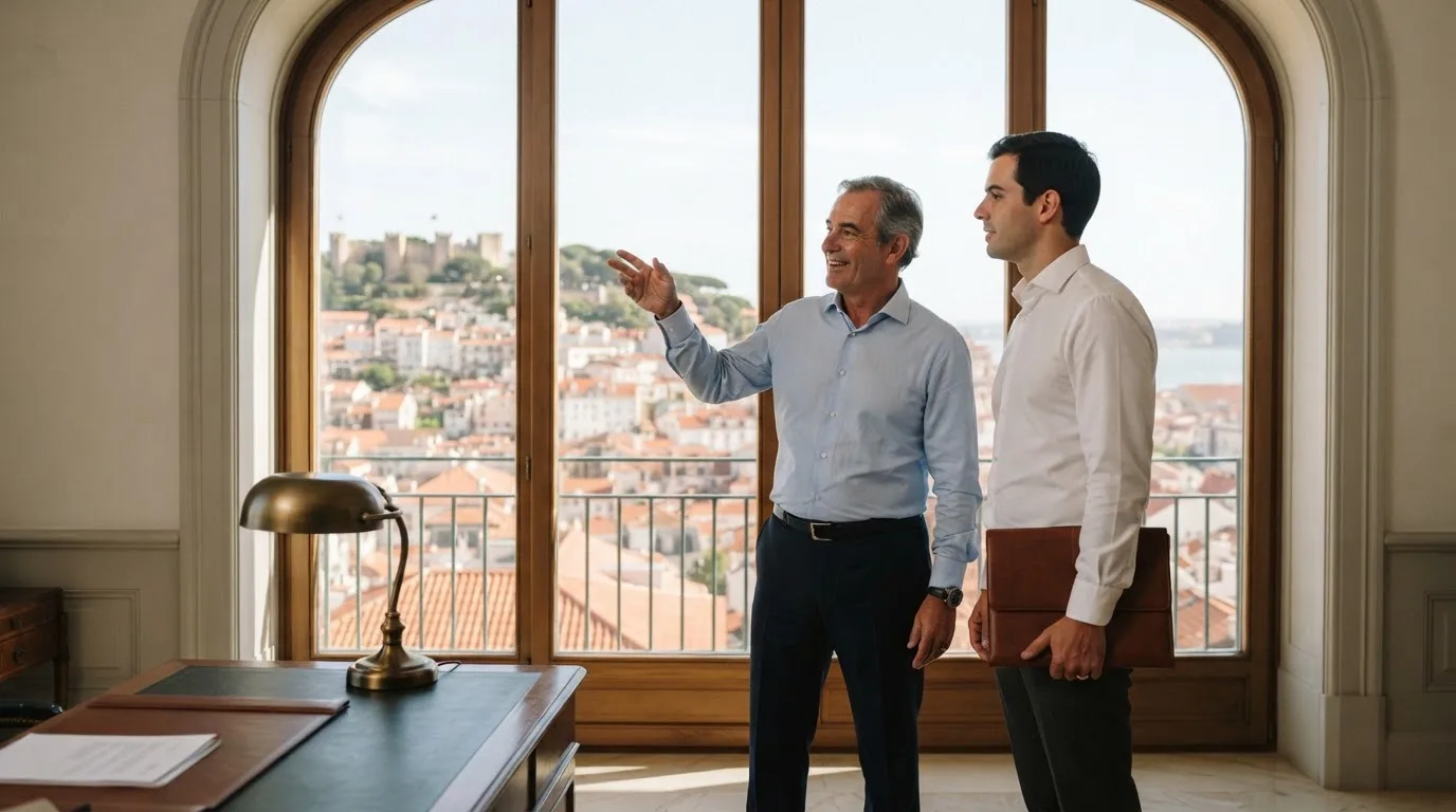 Duas pessoas de camisa a conversar junto a uma janela grande de um escritório público, com a cidade de Lisboa desfocada atrás.