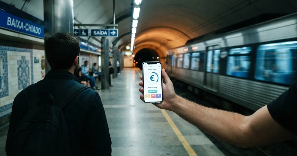 Pessoa de pé numa estação de metro a usar um telemóvel com a mão direita, com carruagem desfocada e luz fria ao fundo.