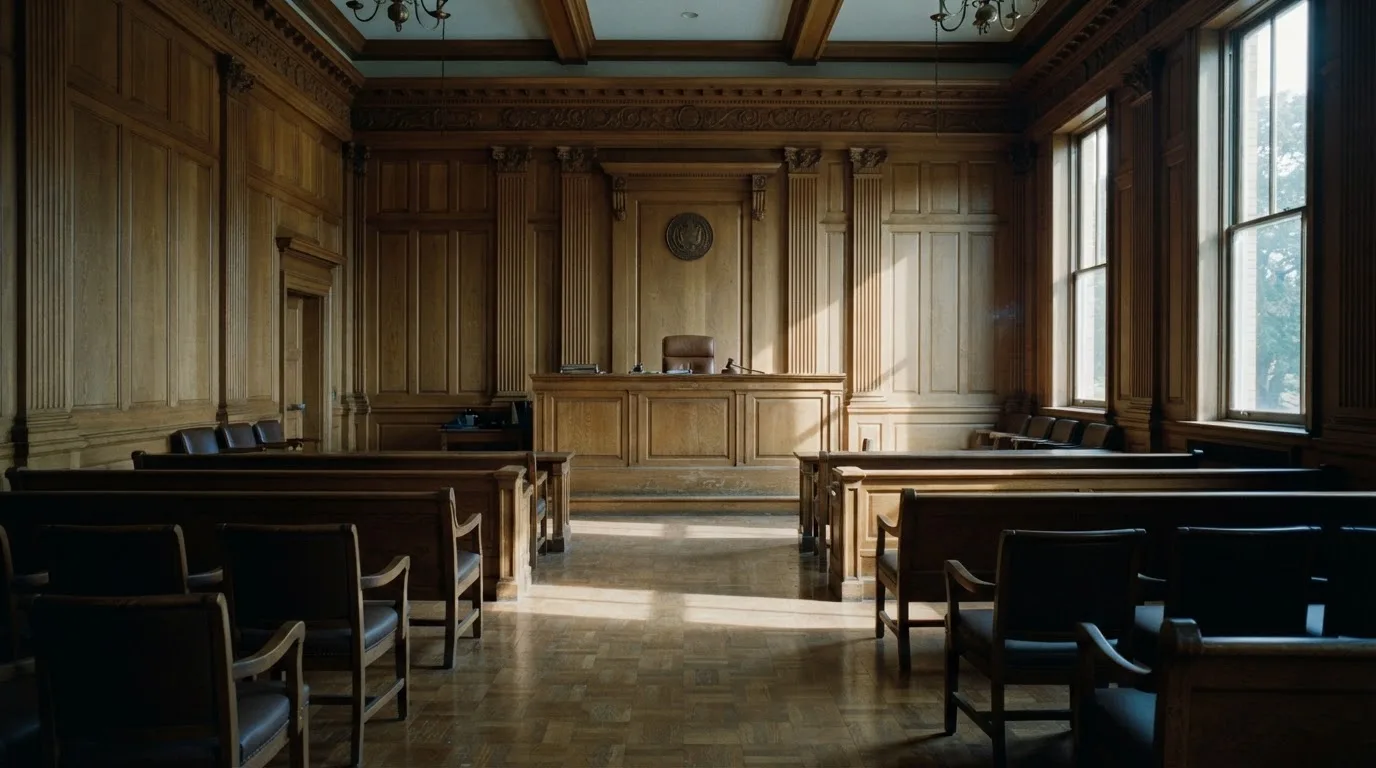 Sala de tribunal vazia com painéis de madeira, à luz da manhã — blackjack ao vivo em portugal