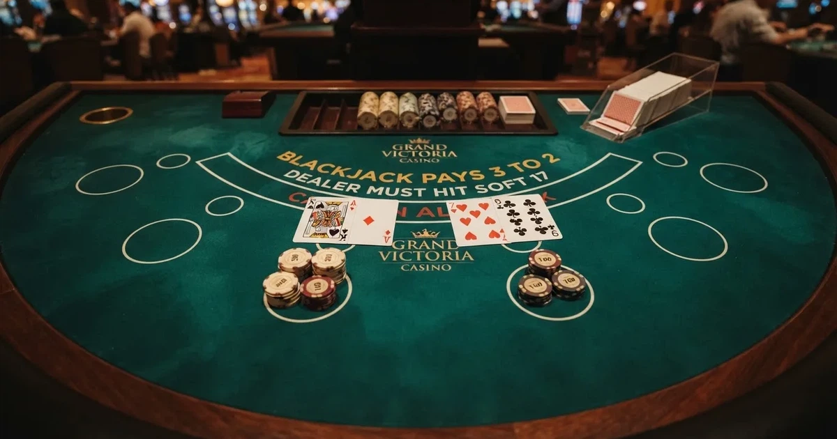 Mesa de jogo iluminada com cartas, vista de cima — blackjack ao vivo em portugal