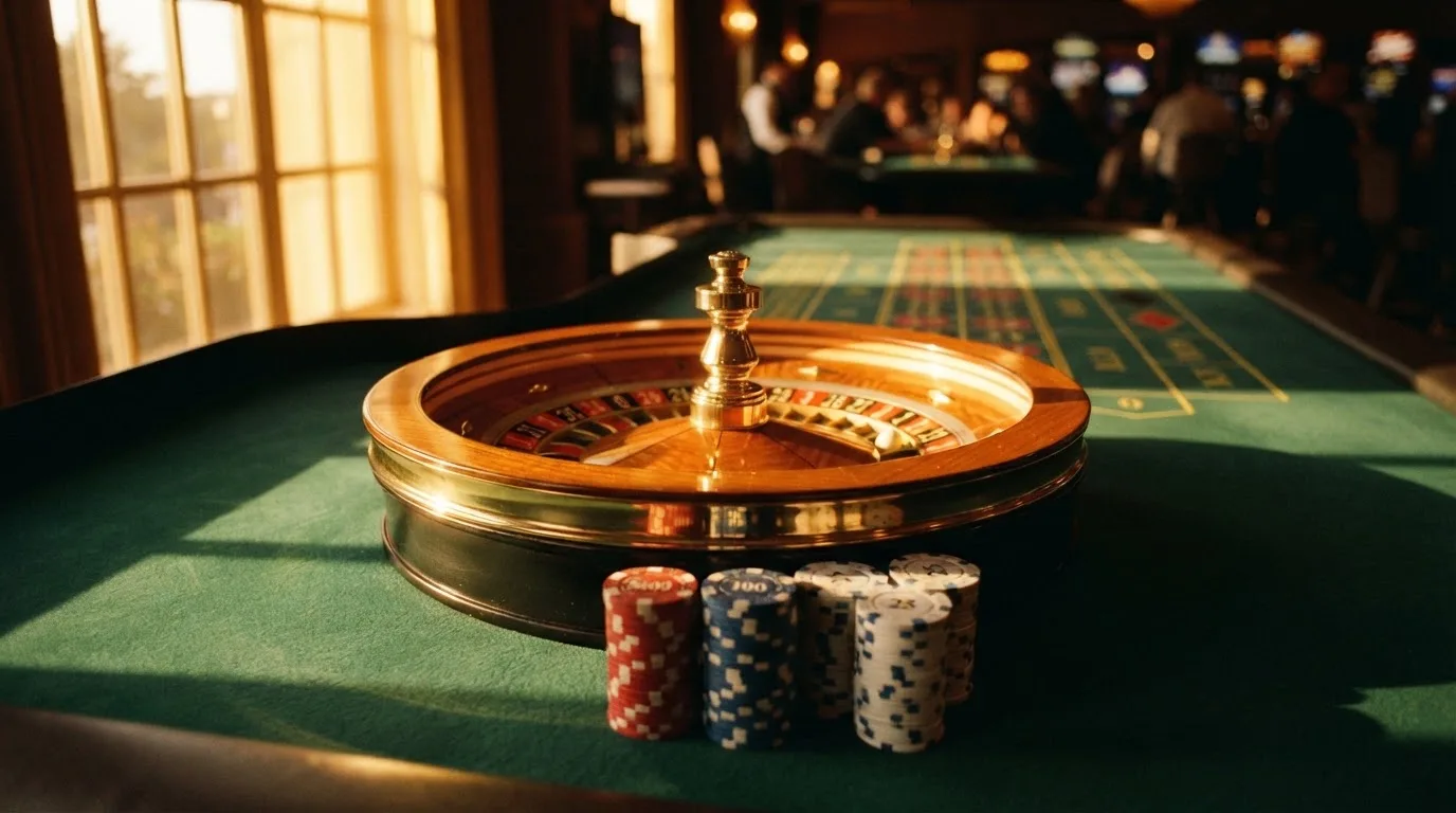 Roda de roleta e fichas sobre feltro verde, sob uma luz quente de fim de tarde — blackjack casinos em portugal