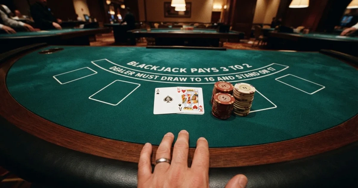 Mesa de jogo iluminada com cartas, vista de cima — blackjack casinos em portugal