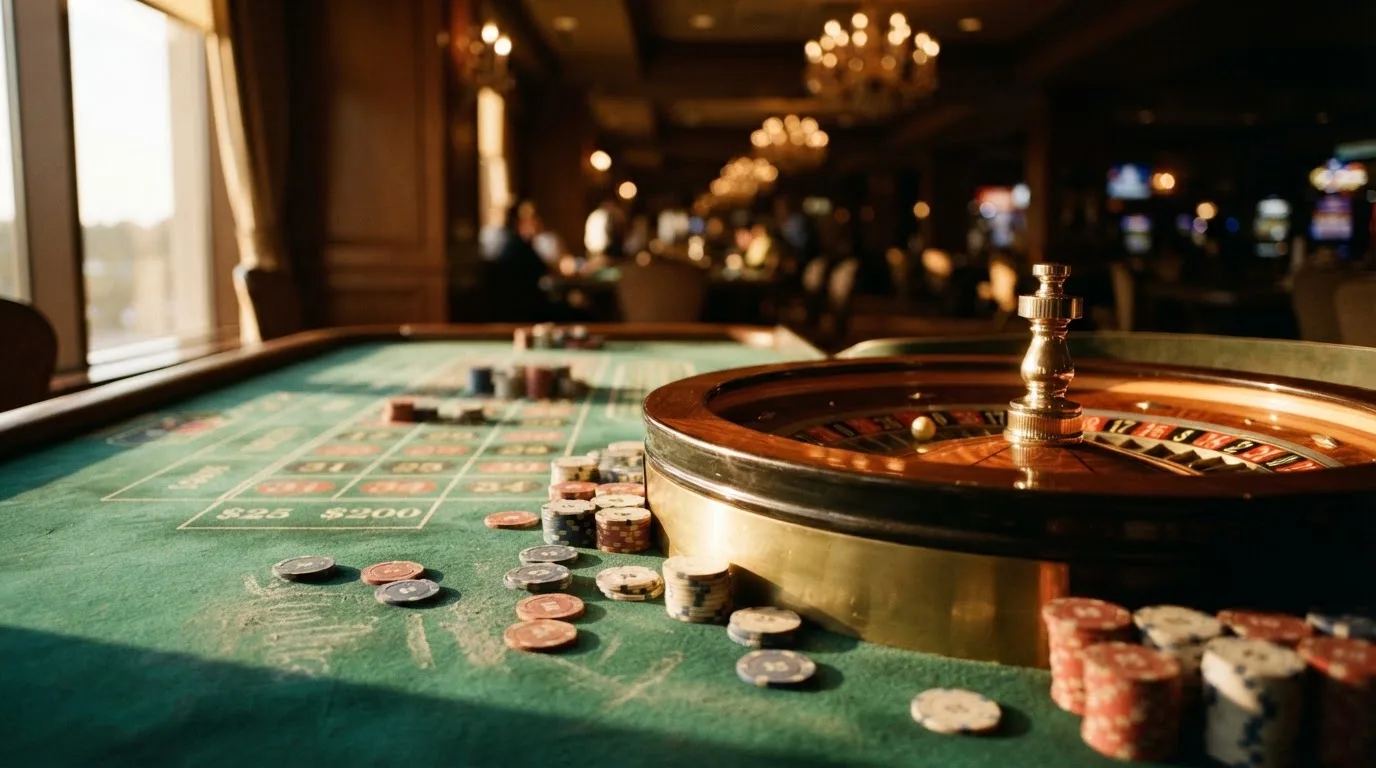Roda de roleta e fichas sobre feltro verde, sob uma luz quente de fim de tarde — blackjack online casino em portugal