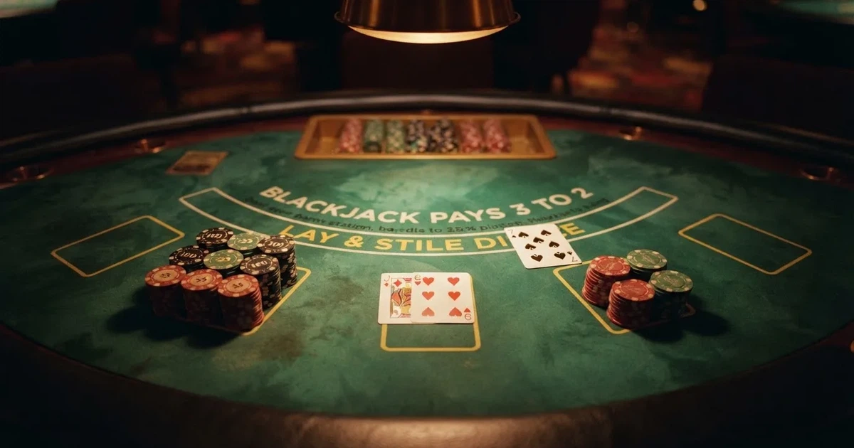 Mesa de jogo iluminada com cartas, vista de cima — blackjack online casino em portugal