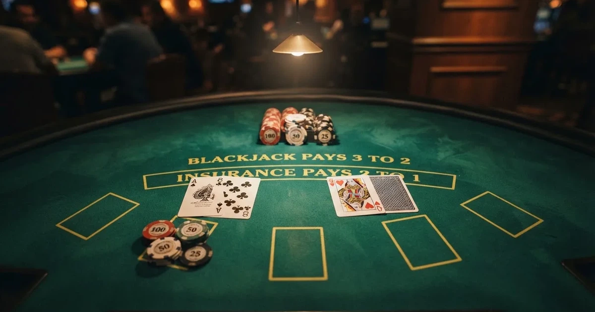 Mesa de jogo iluminada com cartas, vista de cima — blackjack regras para portugueses