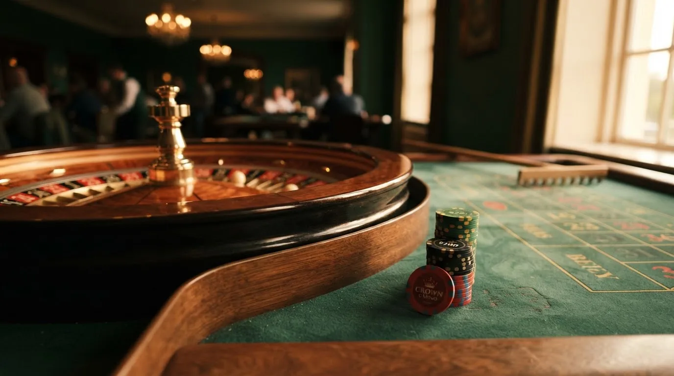 Roda de roleta e fichas sobre feltro verde, sob uma luz quente de fim de tarde — caça-níqueis em casinos portugueses