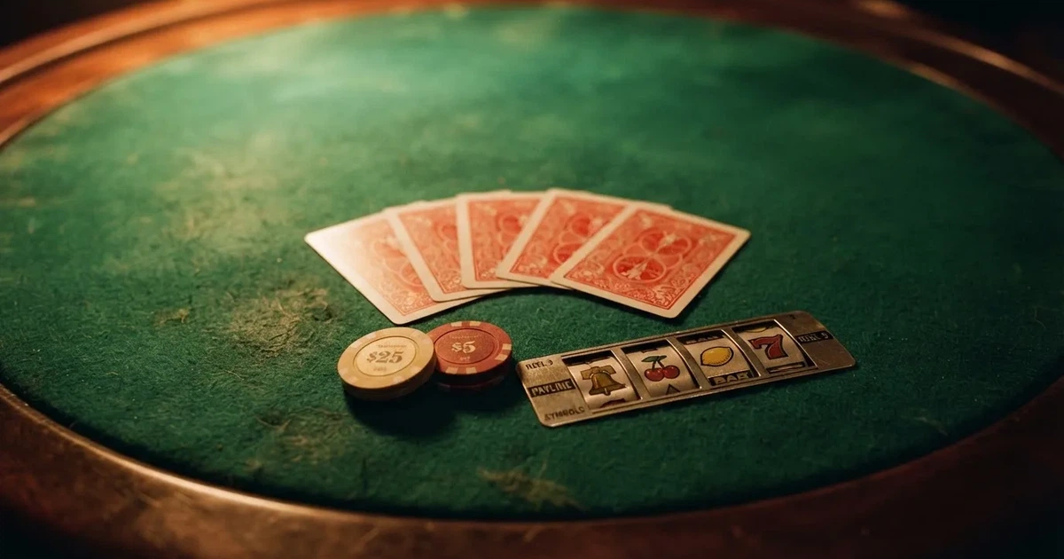 Mesa de jogo iluminada com cartas, vista de cima — caça-níqueis em casinos portugueses