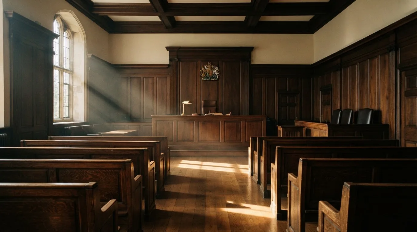 Sala de tribunal vazia com painéis de madeira, à luz da manhã — caça-níqueis grátis em portugal