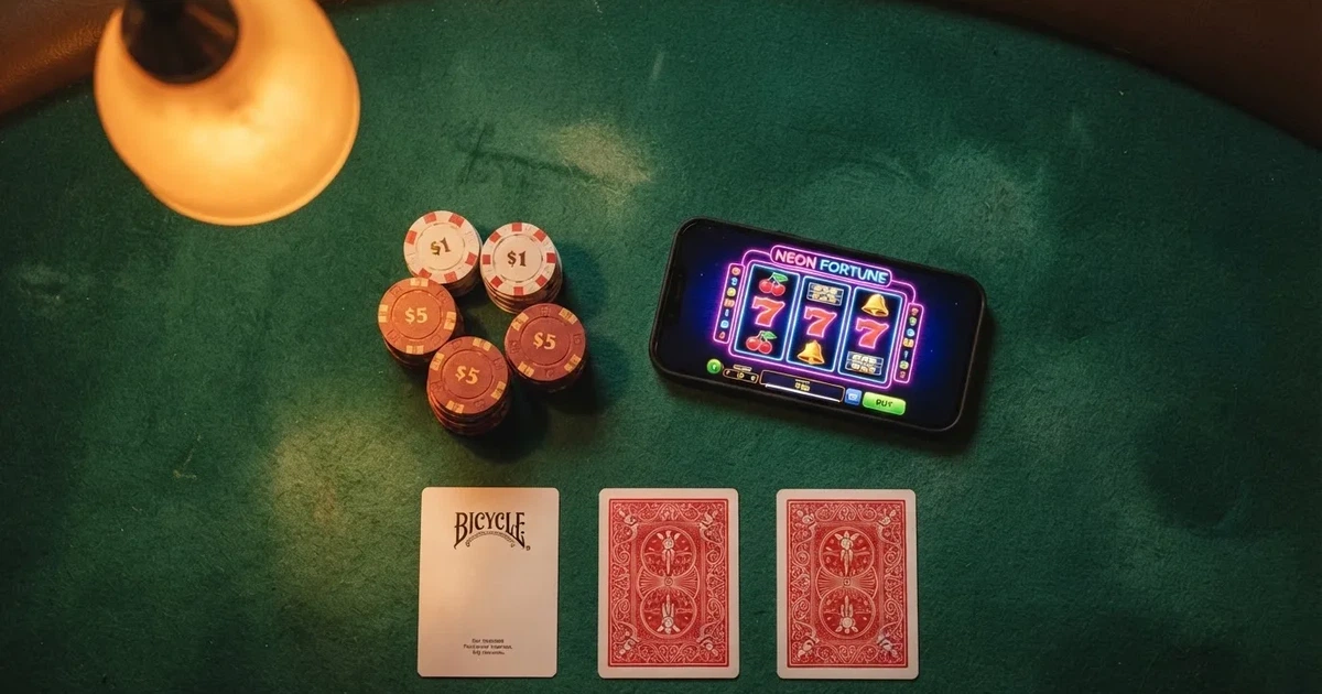 Mesa de jogo iluminada com cartas, vista de cima — caça-níqueis grátis em portugal