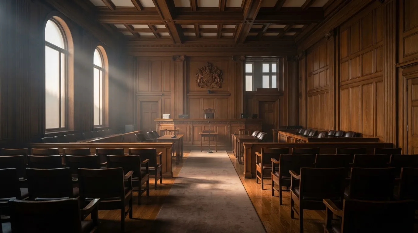 Sala de tribunal vazia com painéis de madeira, à luz da manhã — casino apostas em portugal