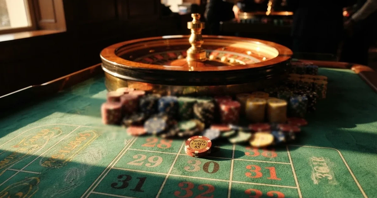 Roda de roleta e fichas sobre feltro verde, sob uma luz quente de fim de tarde — casino apostas em portugal