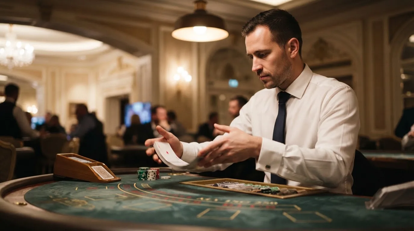Croupier de gravata a baralhar cartas com destreza, vista lateral, fundo desfocado de um salão de casino em Portugal.