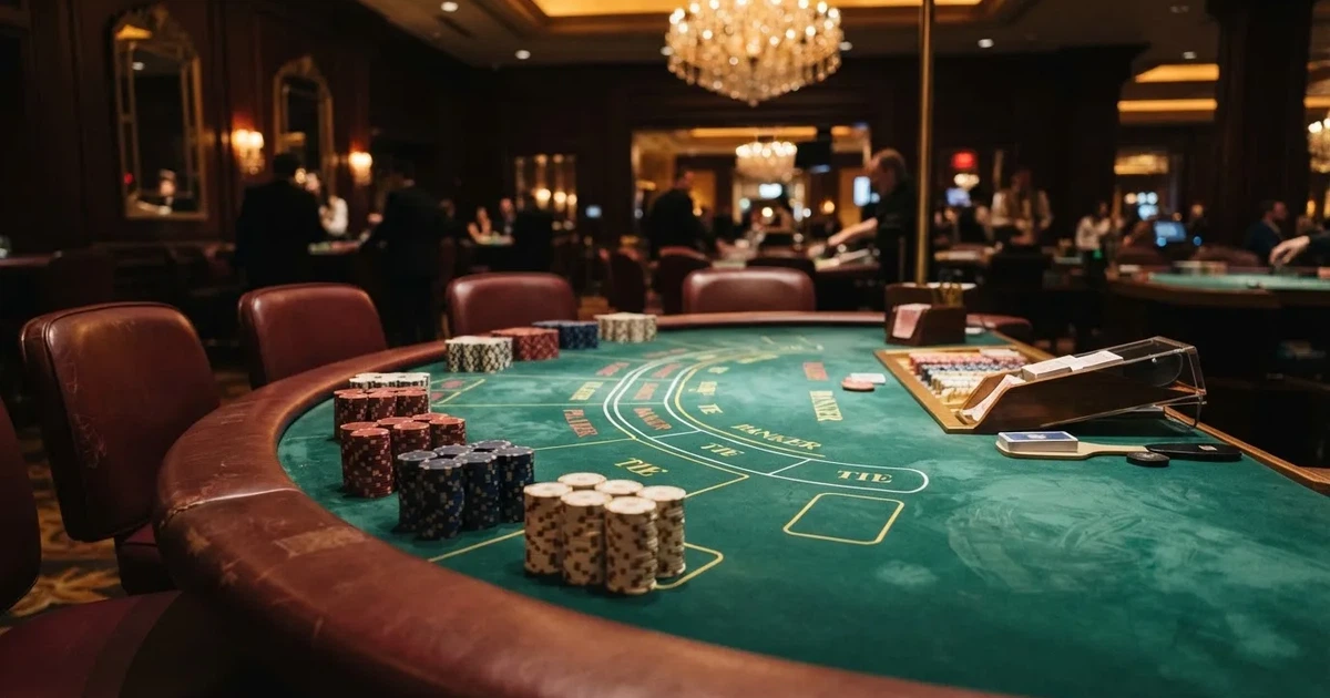 Mesa semicircular de bacará num casino elegante, com feltro verde e lugares vazios, iluminação dourada e fichas arrumadas por cores.