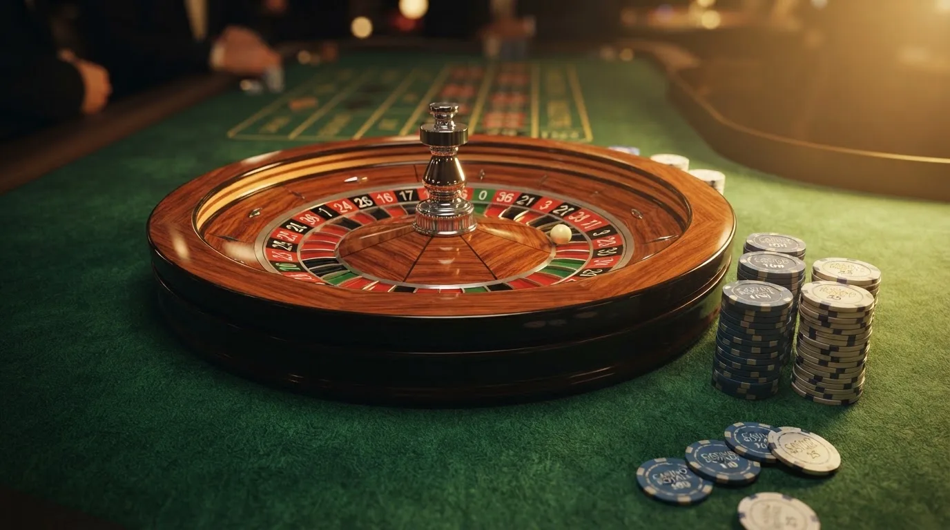 Roda de roleta e fichas sobre feltro verde, sob uma luz quente de fim de tarde — casino com bingo em portugal