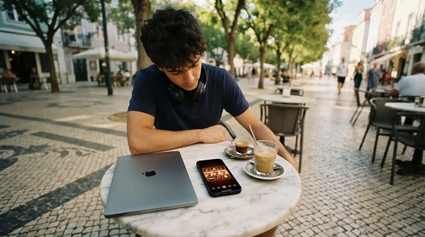 Jovem a trabalhar num café com portátil e auscultadores ao pescoço, esplanada de Lisboa ao fundo, luz suave.