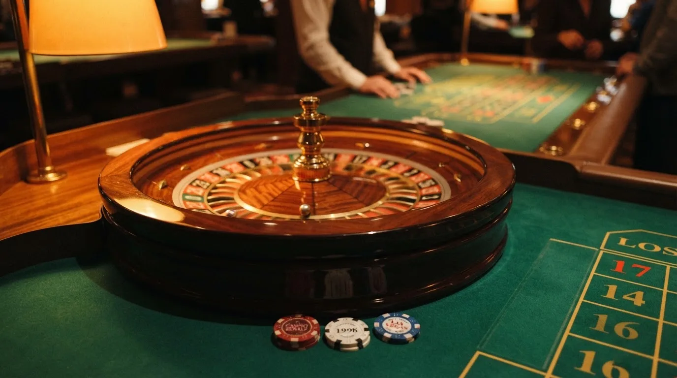 Roda de roleta e fichas sobre feltro verde, sob uma luz quente de fim de tarde — casino com bônus no cadastro pt