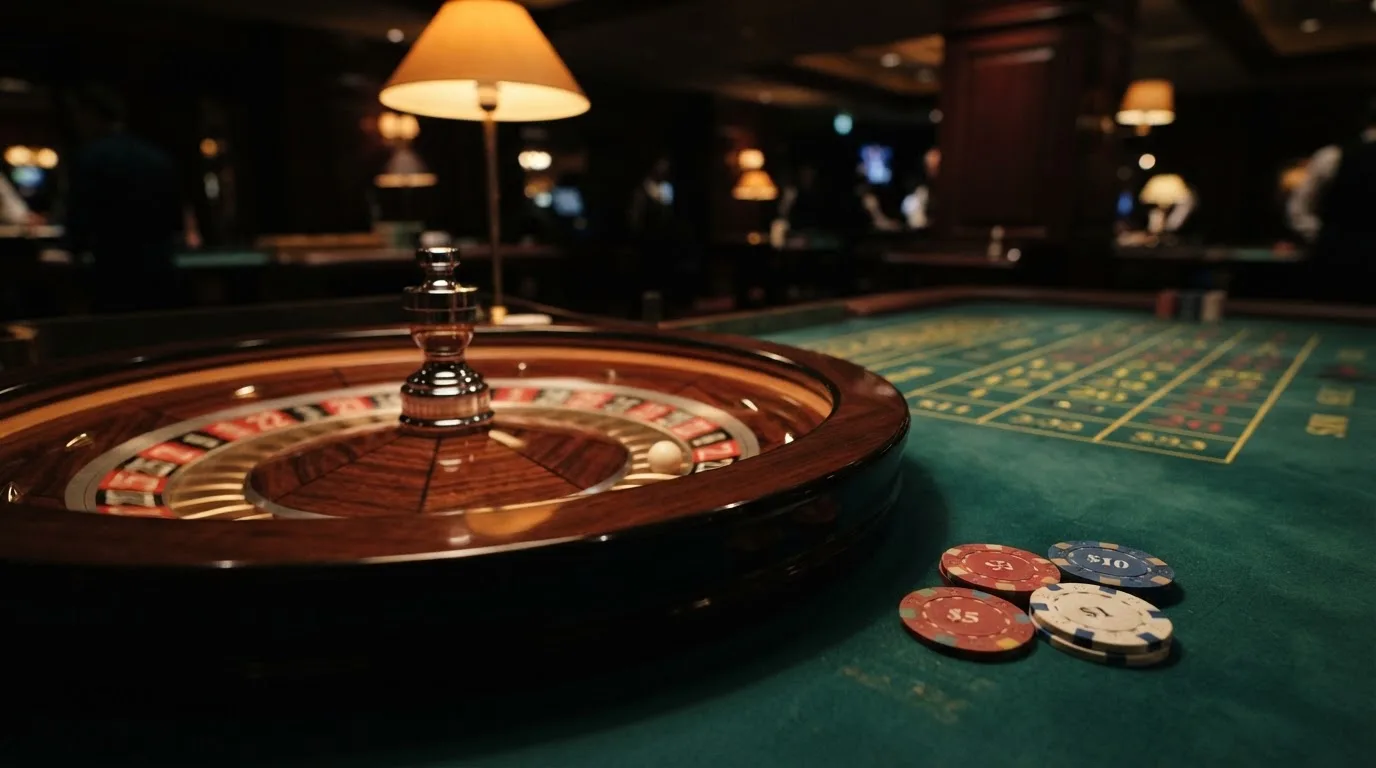 Roda de roleta e fichas sobre feltro verde, sob uma luz quente de fim de tarde — casino com dinheiro em portugal