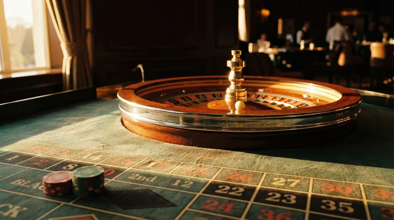 Roda de roleta e fichas sobre feltro verde, sob uma luz quente de fim de tarde — casino com ethereum em portugal