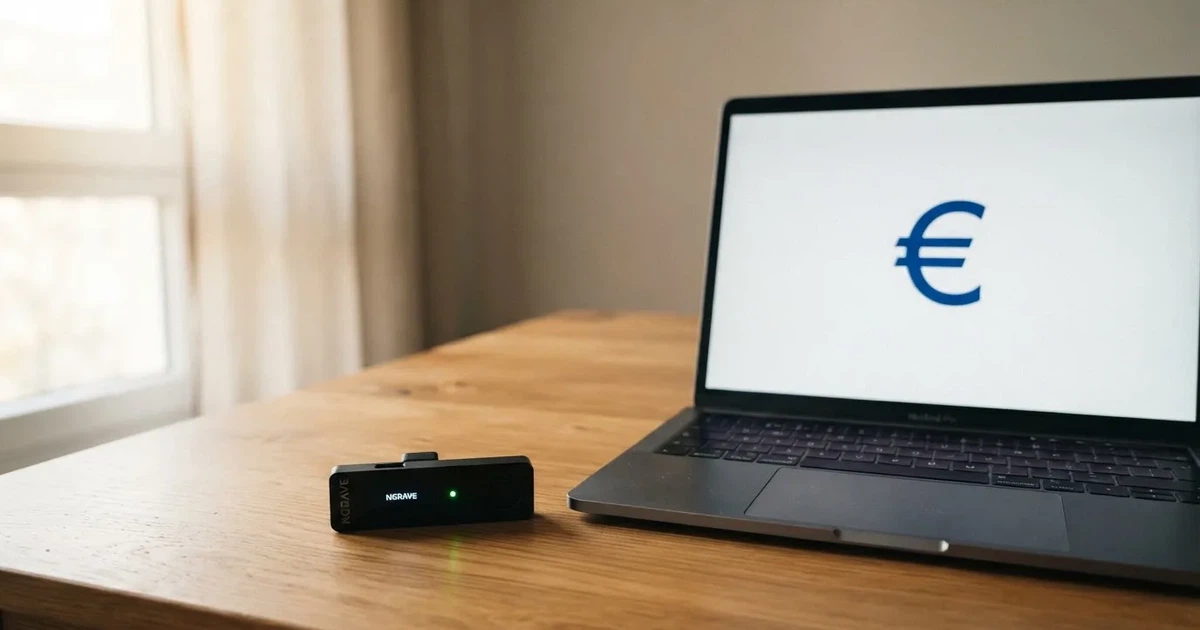 Carteira de hardware e computador portátil numa secretária, com luz suave — casino com ethereum em portugal