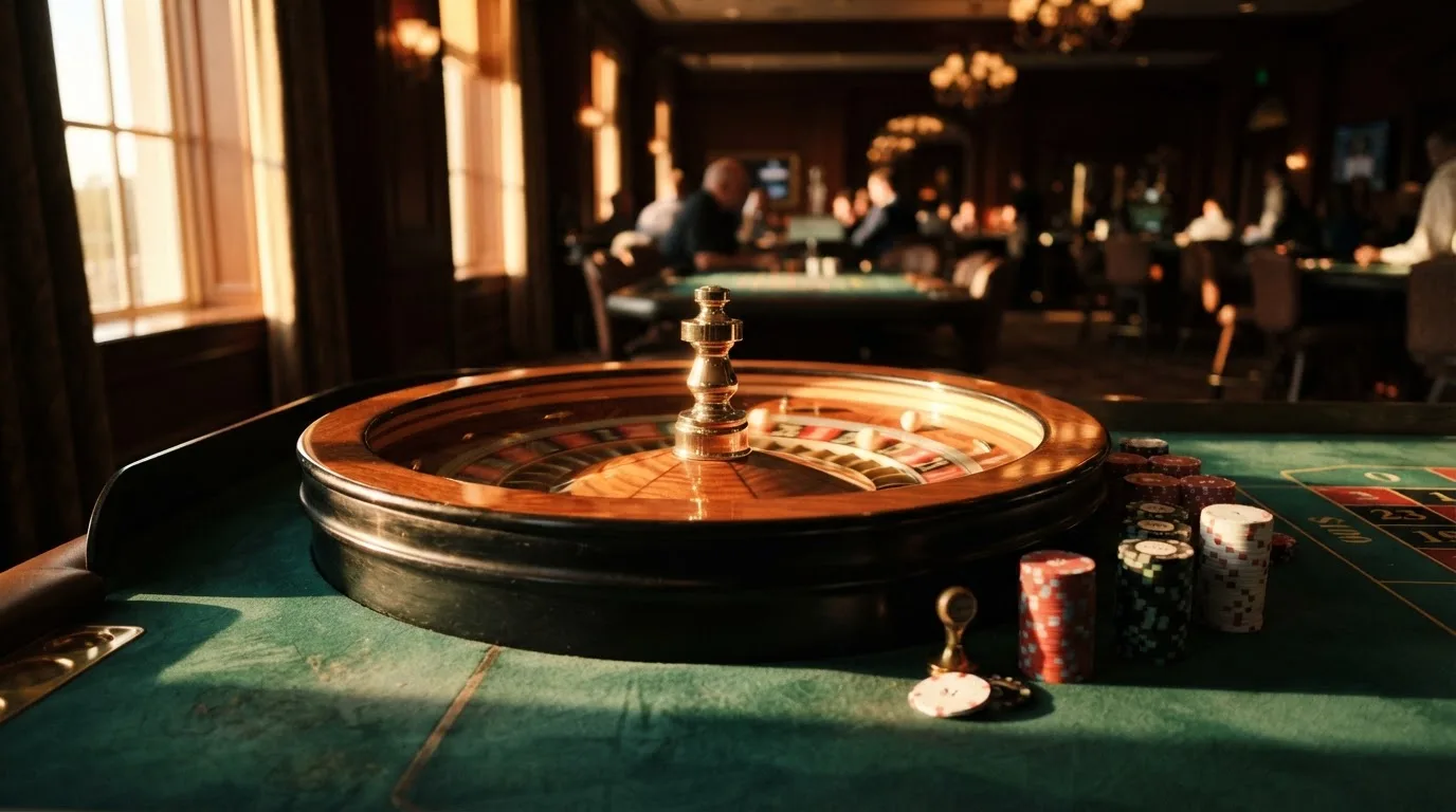 Roda de roleta e fichas sobre feltro verde, sob uma luz quente de fim de tarde — casino com free spins em portugal