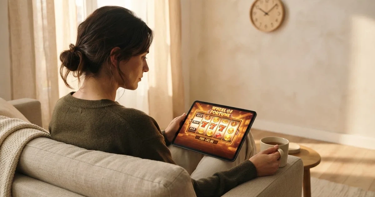 Pessoa num sofá a olhar pensativa para um tablet, com um relógio na parede atrás — casino com free spins em portugal