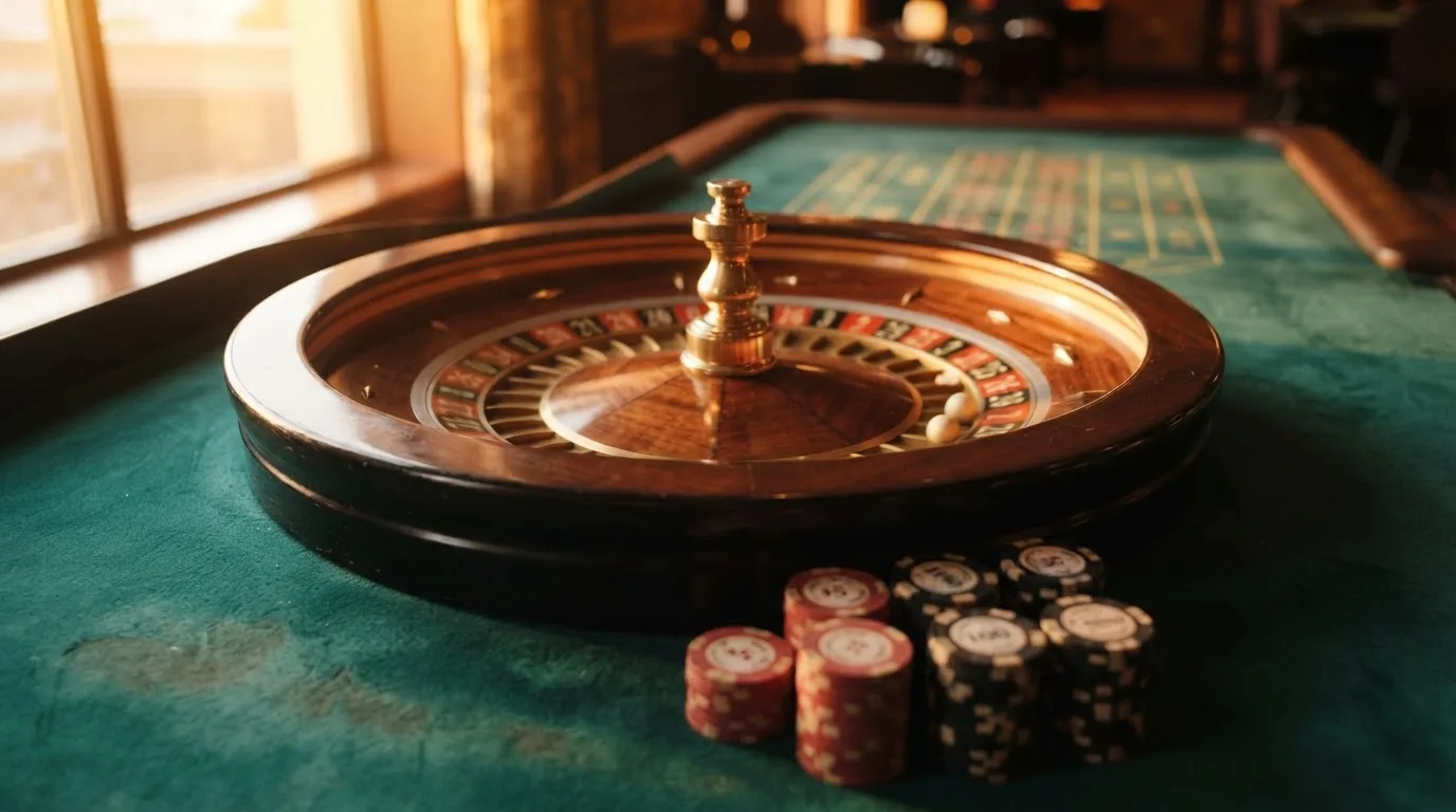 Roda de roleta e fichas sobre feltro verde, sob uma luz quente de fim de tarde — casino com grátis spins pt