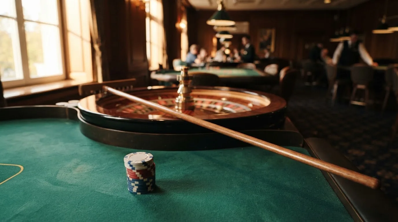 Roda de roleta e fichas sobre feltro verde, sob uma luz quente de fim de tarde — casino com levantamento pt