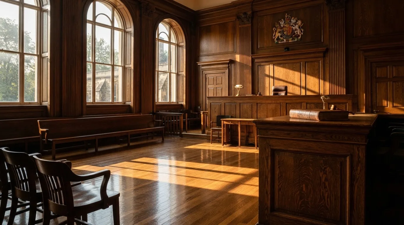 Sala de tribunal vazia com painéis de madeira, à luz da manhã — casino com litecoin em portugal