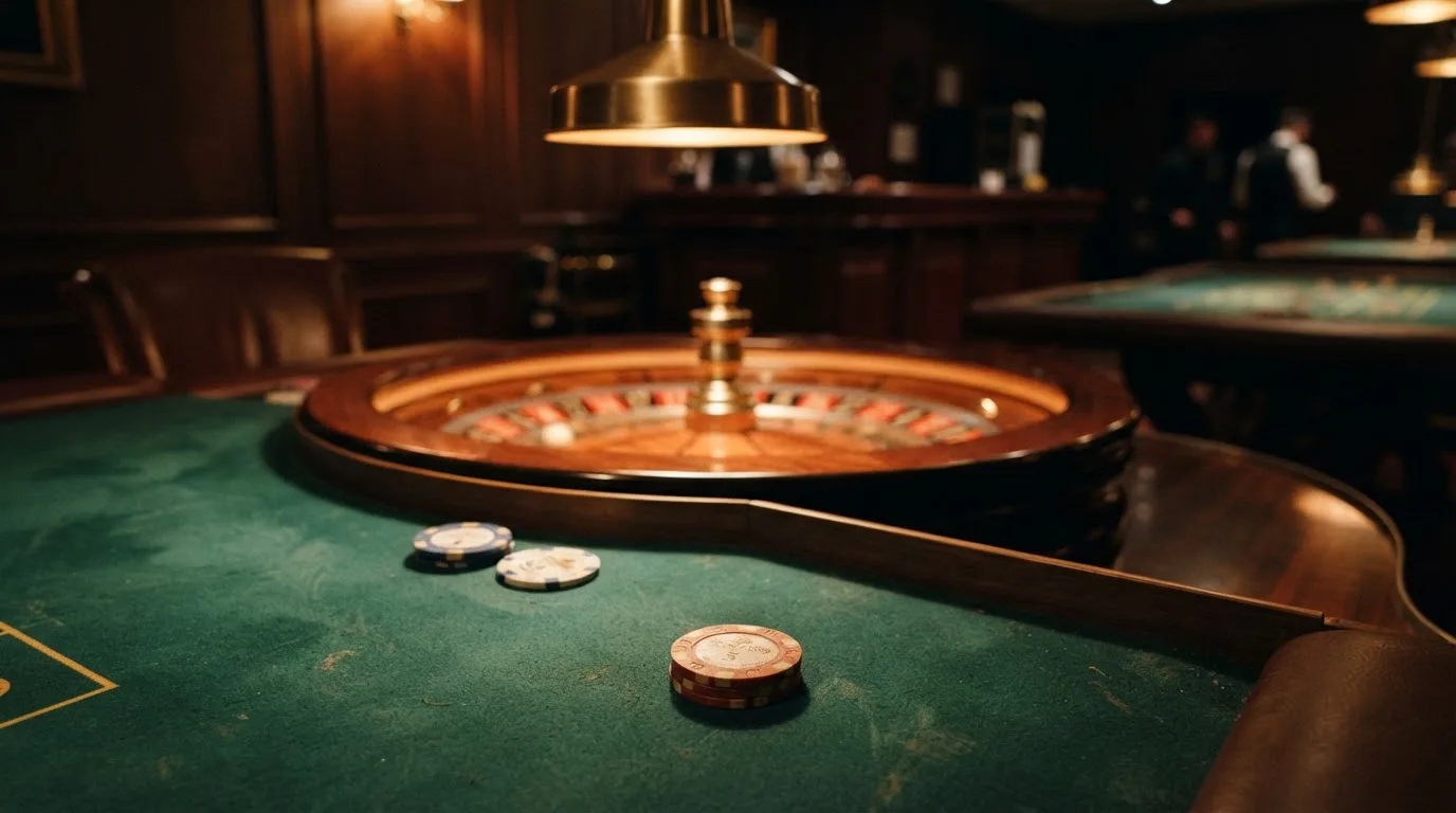 Roda de roleta e fichas sobre feltro verde, sob uma luz quente de fim de tarde — casino com litecoin em portugal