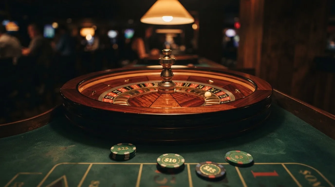 Roda de roleta e fichas sobre feltro verde, sob uma luz quente de fim de tarde — casino com solana em portugal