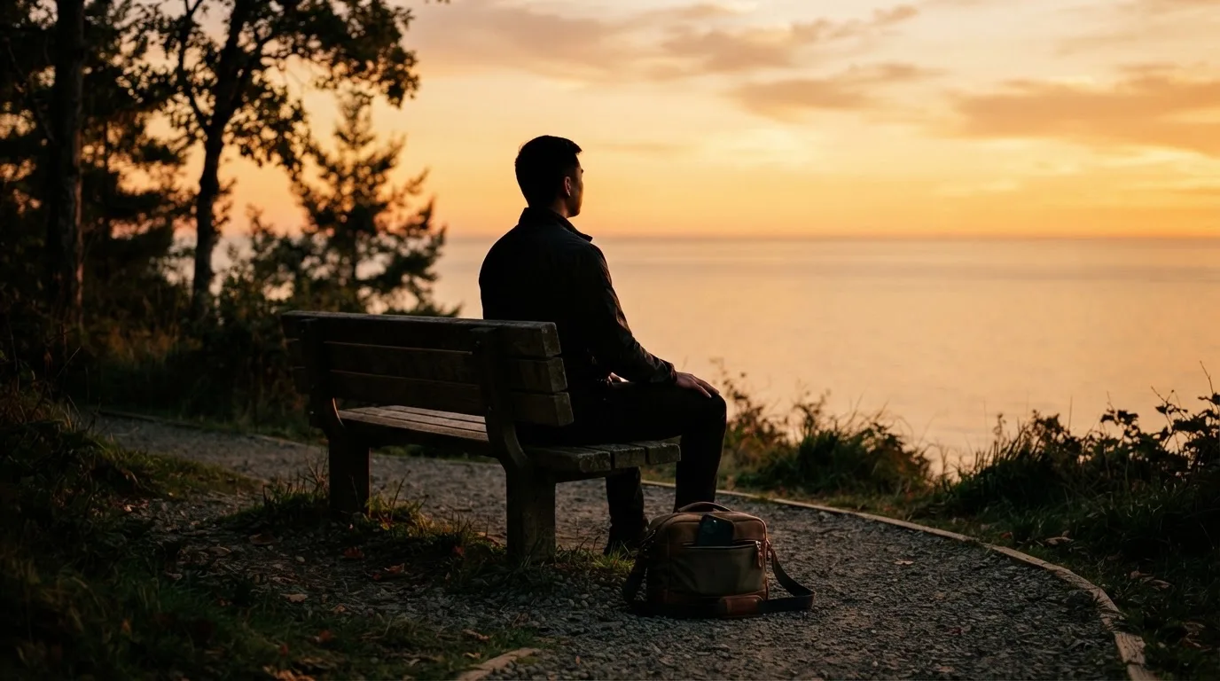 Pessoa sentada num banco de jardim ao pôr do sol, a olhar para o horizonte, com o telemóvel guardado numa mala.