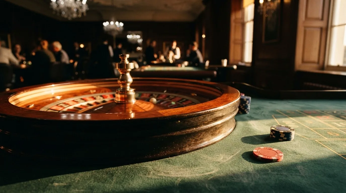 Roda de roleta e fichas sobre feltro verde, sob uma luz quente de fim de tarde — casino é confiável em portugal
