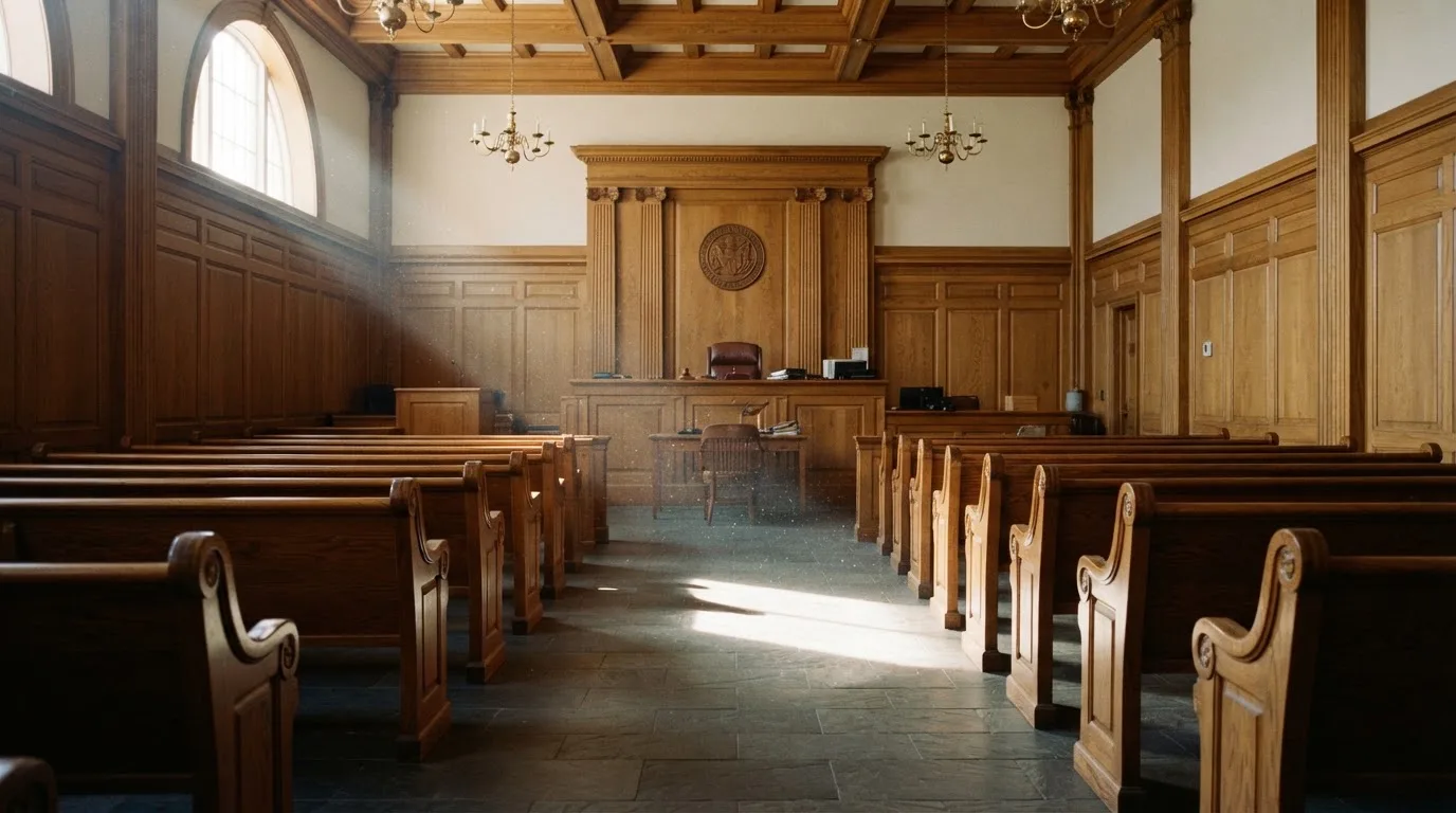 Sala de tribunal vazia com painéis de madeira, à luz da manhã — casino pagamentos em portugal