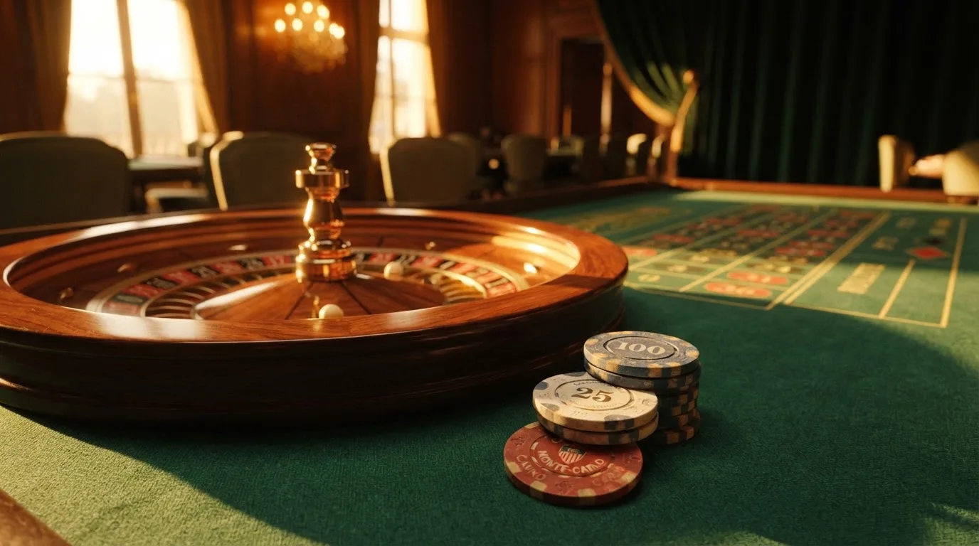 Roda de roleta e fichas sobre feltro verde, sob uma luz quente de fim de tarde — casino pagamentos em portugal
