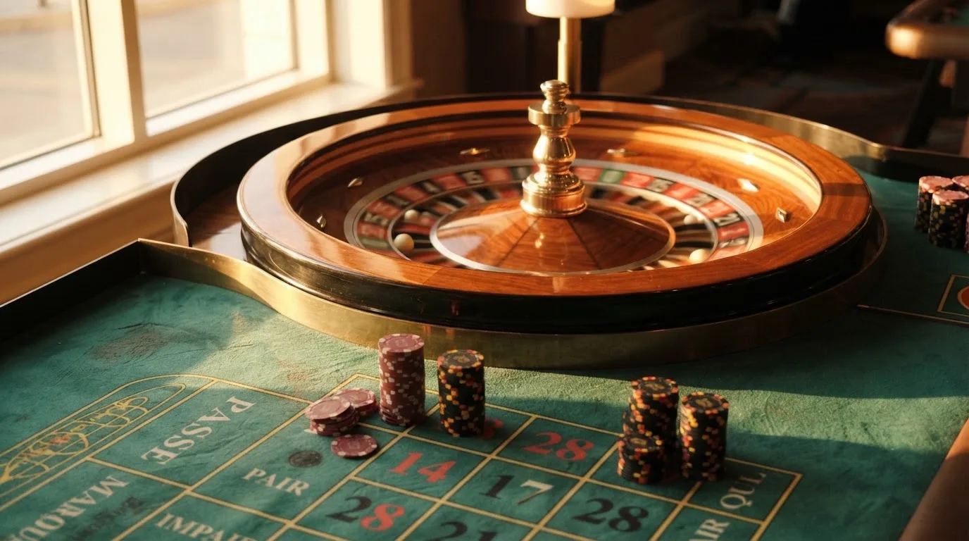 Roda de roleta e fichas sobre feltro verde, sob uma luz quente de fim de tarde — casino slots portugues