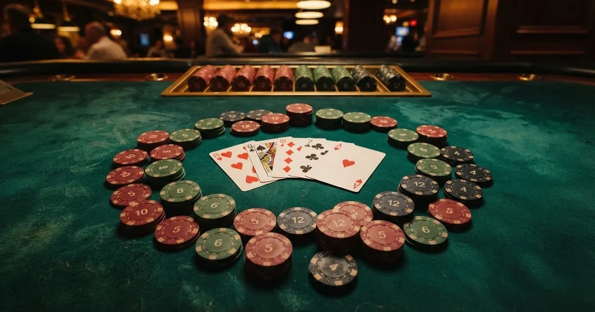 Mesa de jogo iluminada com cartas, vista de cima — casino slots portugues