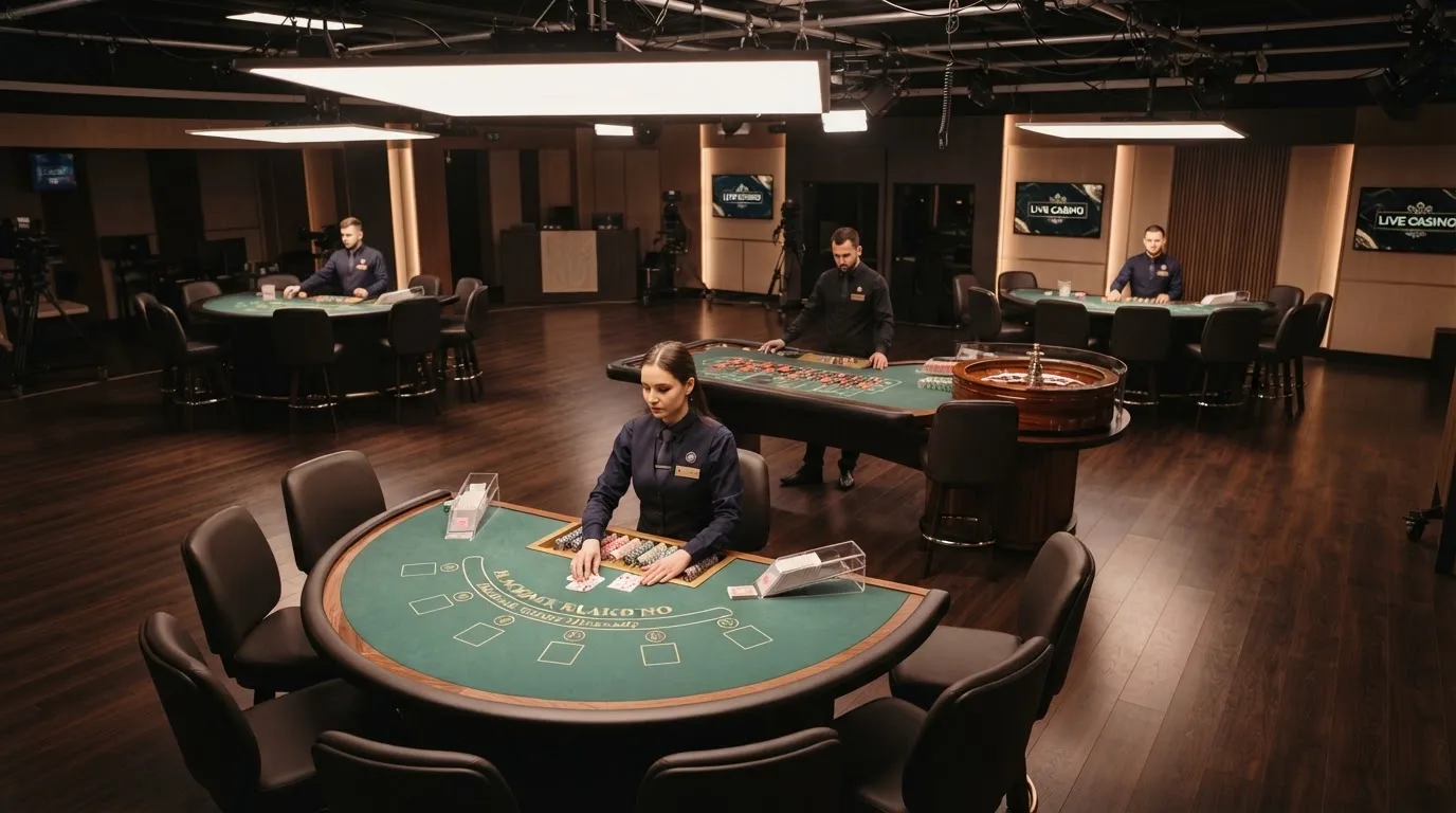 Vista ampla de um estúdio de casino ao vivo com três mesas ocupadas por croupiers e cadeiras vazias, sob luzes de teto suaves.