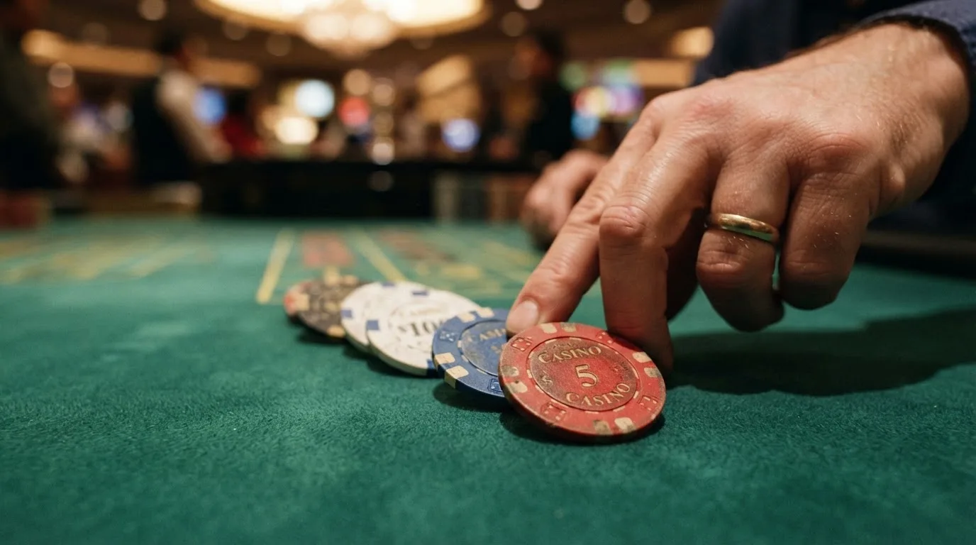Mãos a deslizar fichas de casino de cores diferentes em fila sobre o feltro verde, num plano aproximado e bem iluminado.