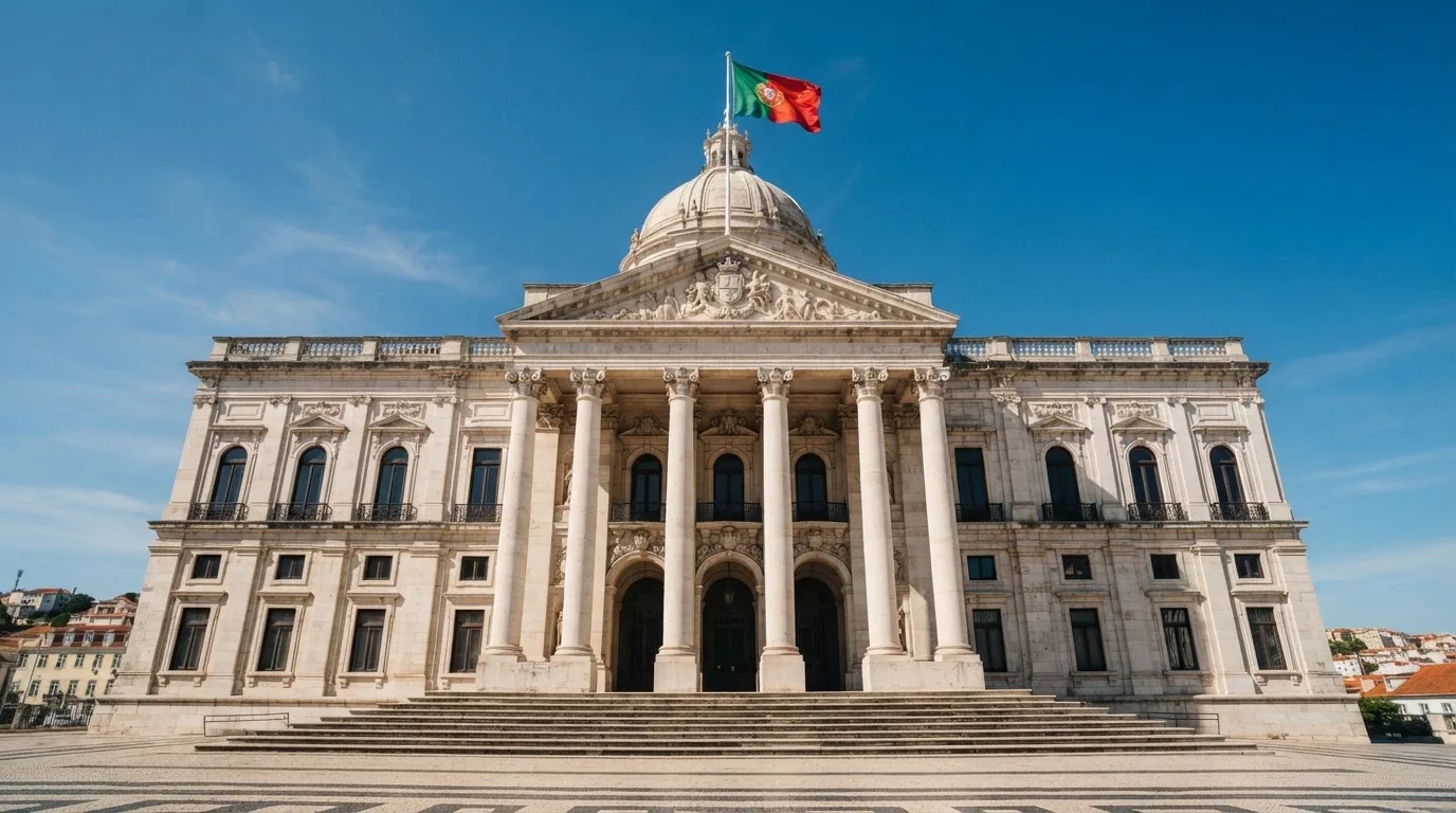 Edifício institucional de pedra em Lisboa, visto de baixo, com bandeira portuguesa a ondular e céu limpo, sem pessoas à vista.