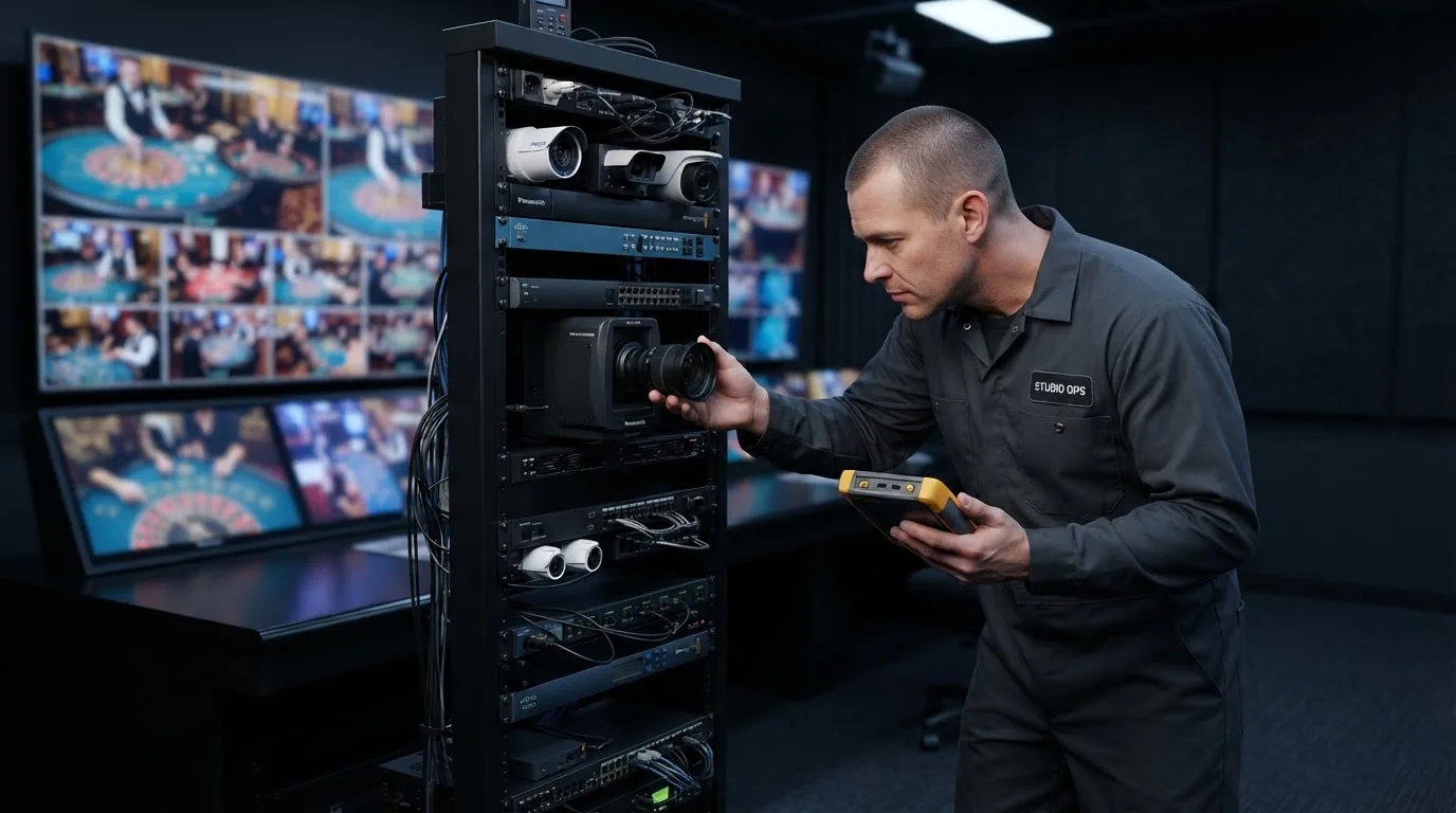 Técnico de uniforme escuro a verificar câmaras e equipamento numa sala de controlo de um estúdio de televisão, com vários monitores desfocados.