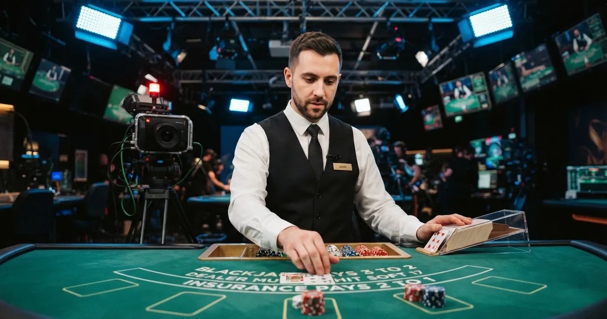 Croupier de colete a distribuir cartas numa mesa de blackjack de estúdio, com iluminação azulada e câmara de transmissão ao fundo.