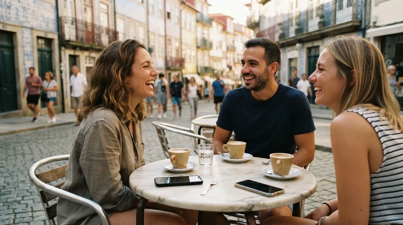 Grupo de amigos a rir num café ao ar livre no Porto, com chávenas na mesa e telemóveis pousados de lado.